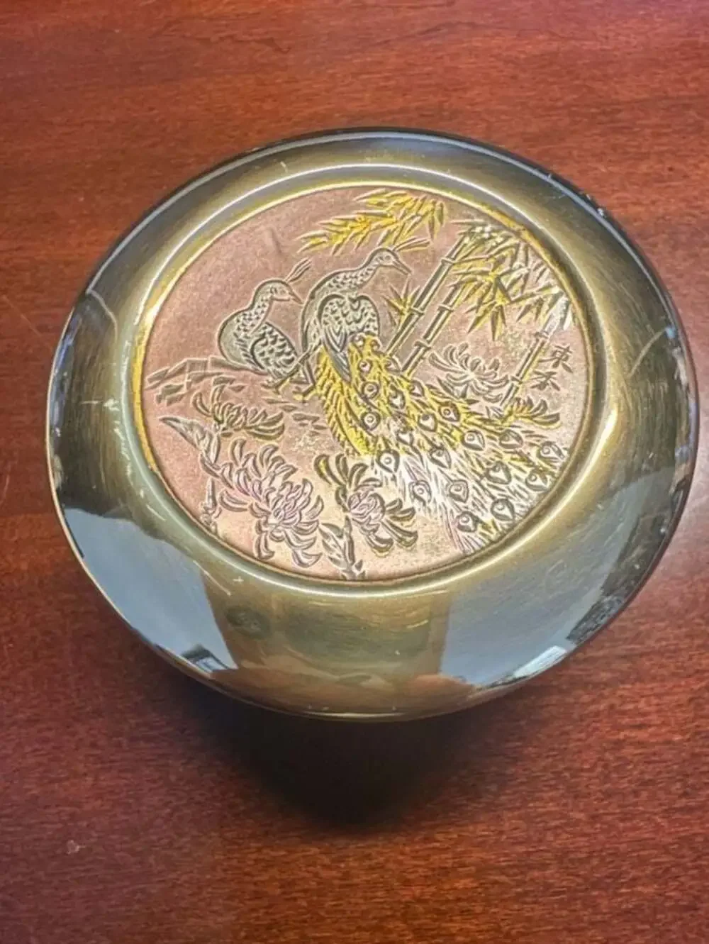 Vintage The Art of Chokin Porcelain Trinket Box with Gold Trim and Peacock Desig